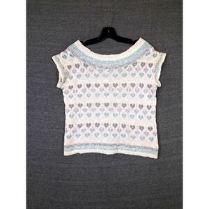 VTG Collage Womens Sweater S White Multi Heart Motif Stiff Knit 70s 80s Coquette